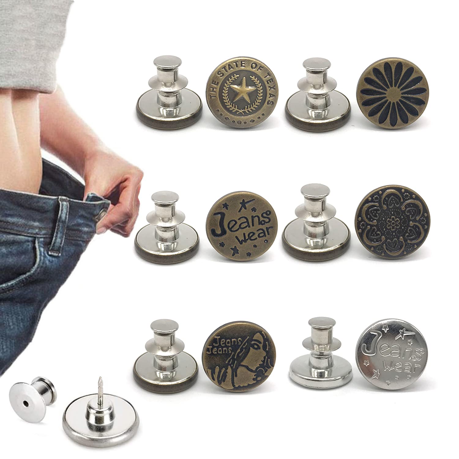 6 Pcs Buttons for Jeans,Adjustable Jean Button Pins,Pant Waist Tightener,No Sew and No Tools Instant Jean Button Pins for Pants, Simple Installation, Reusable and Adjustable (Style 3)
