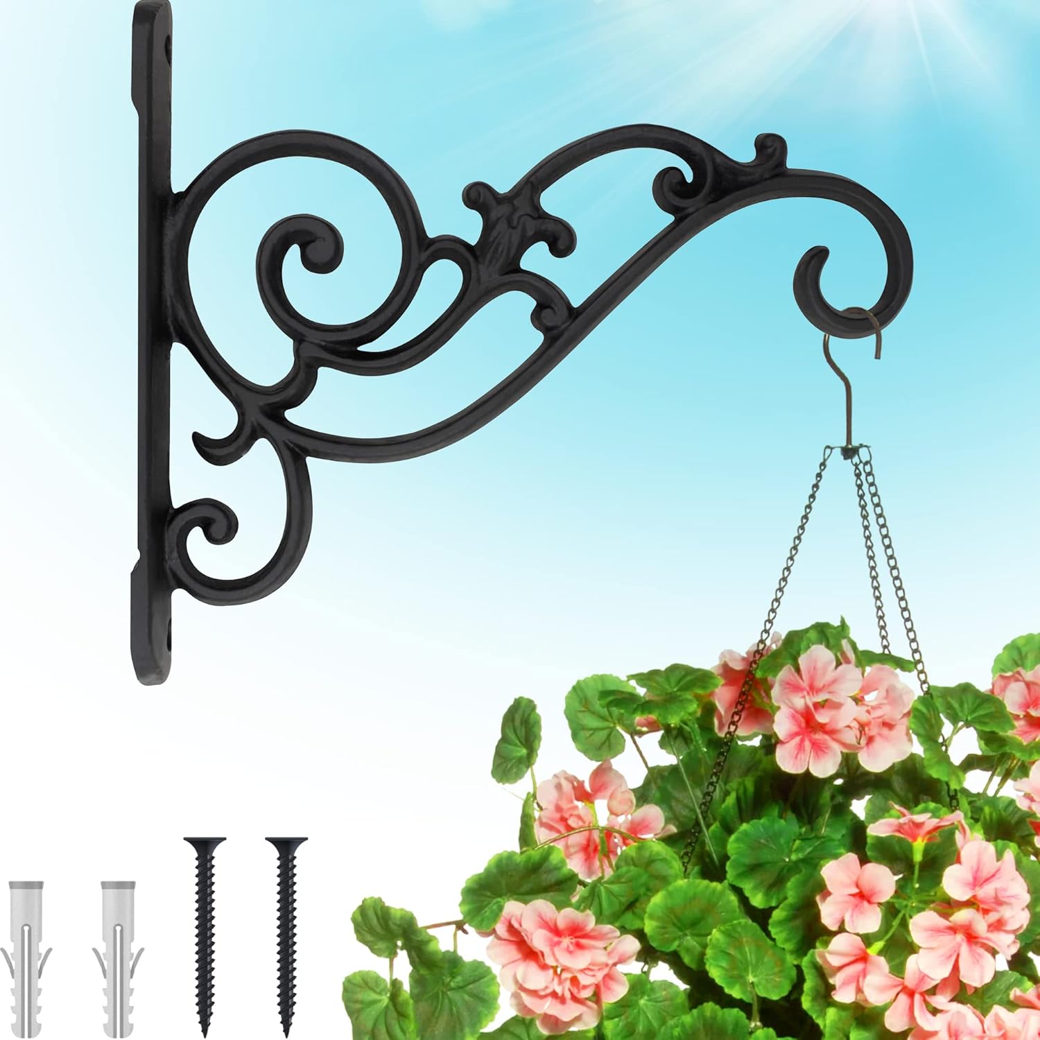 Outdoor Hanging Brackets - Gray Bunny Outdoor Plant Hanger Hook, 7.4” Large Victorian Heavy Duty Iron Wall Hooks for Bird Feeders, Lanterns, Wind Chimes, Patio Decor - Black