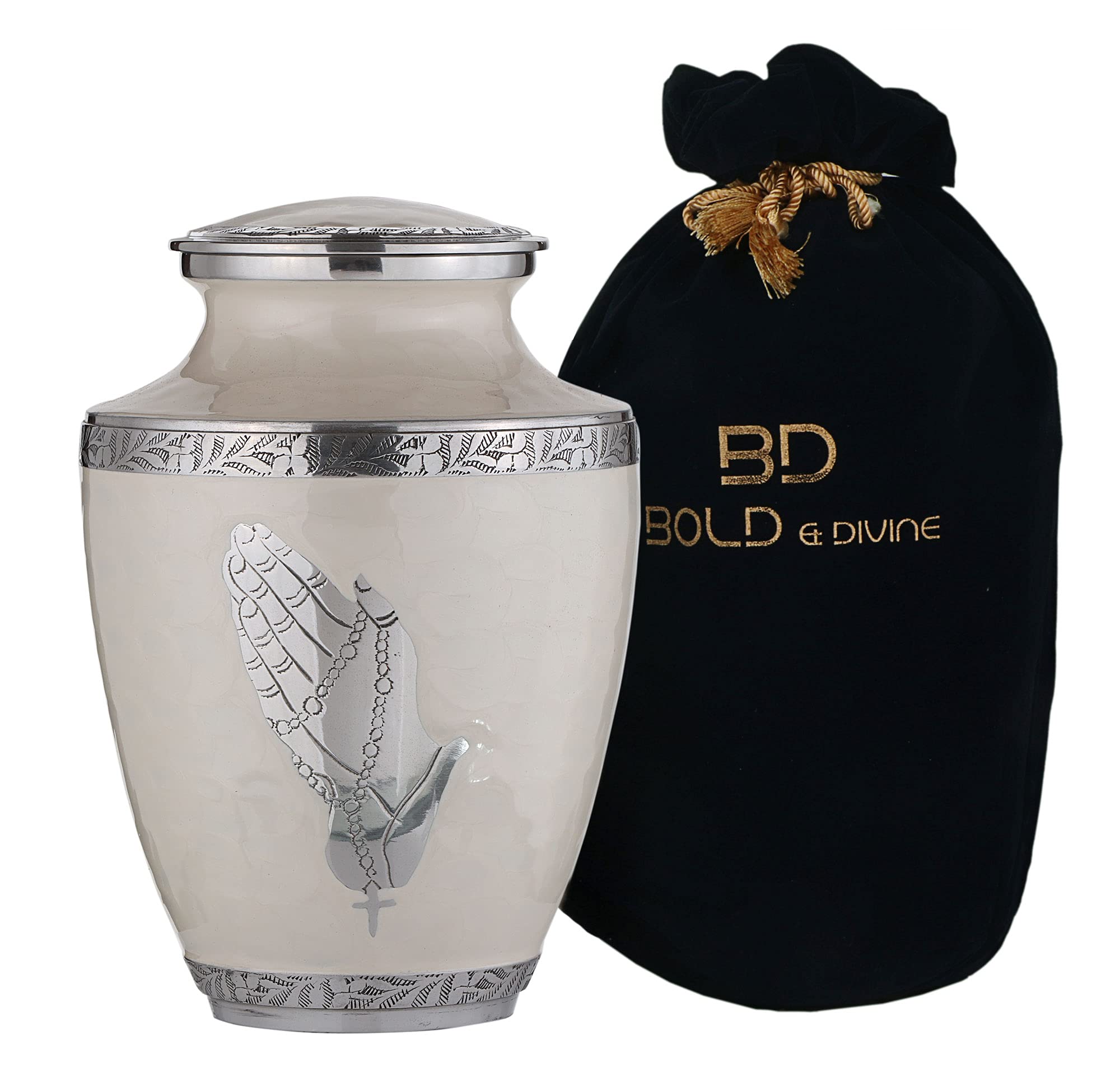 BOLD & DIVINE Modern Pearl White Cremation Urn | Large | 200 Cubic Inches | Human Ashes Adult Memorial, Burial, Funeral Cremation Urn With Velvet Bag โ image 1