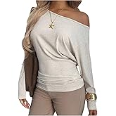 SHENHE Women's Off The Shoulder Long Sleeve T Shirt Ruched Top Fall Comfy Soft Knit Tee