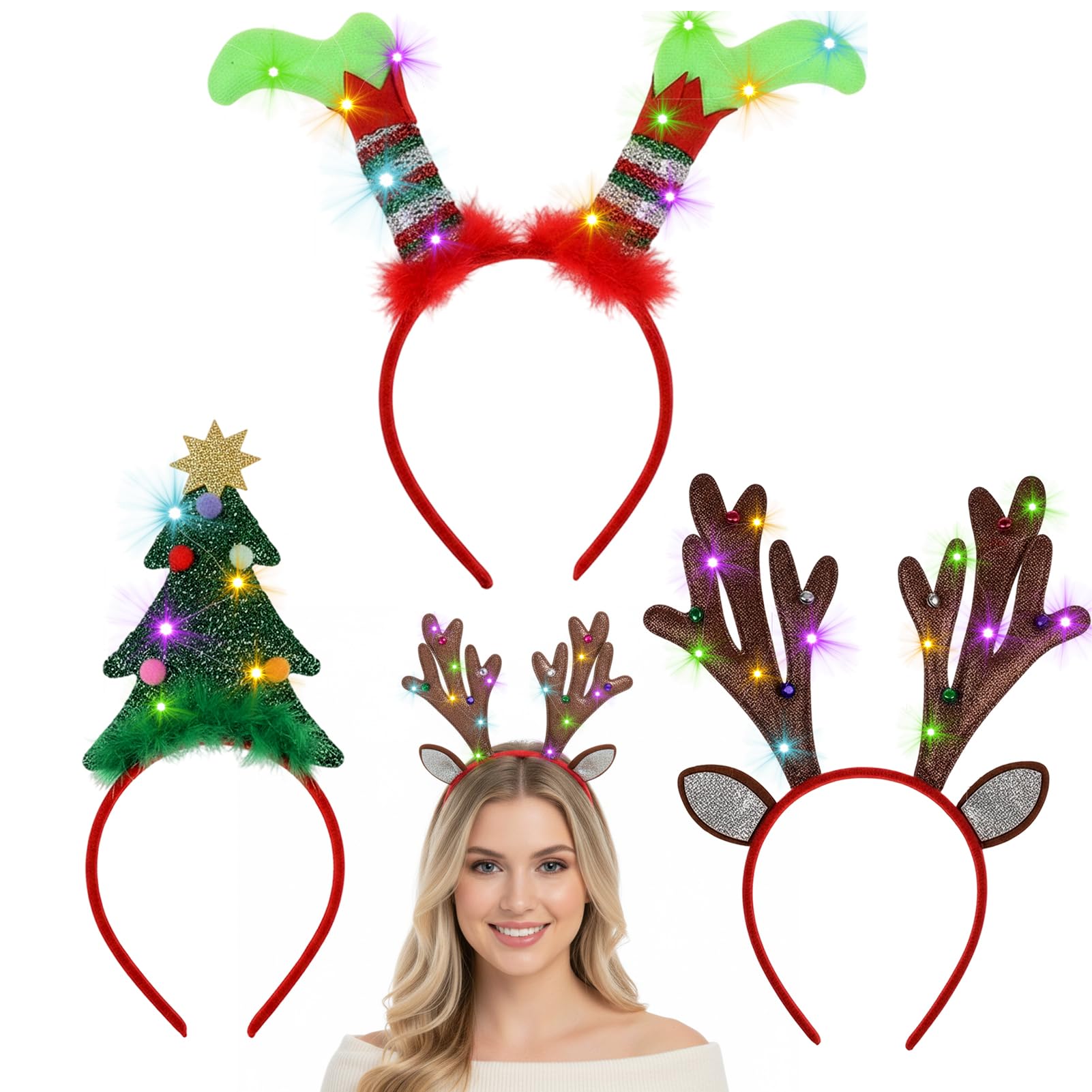 Crittygo 3 Pack Glitter Christmas Headbands, Glowing Xmas Hair Bands with Xmas Tree Elf Elk Antlers Headbands, Hair Accessories for Christmas Holiday Party Favors