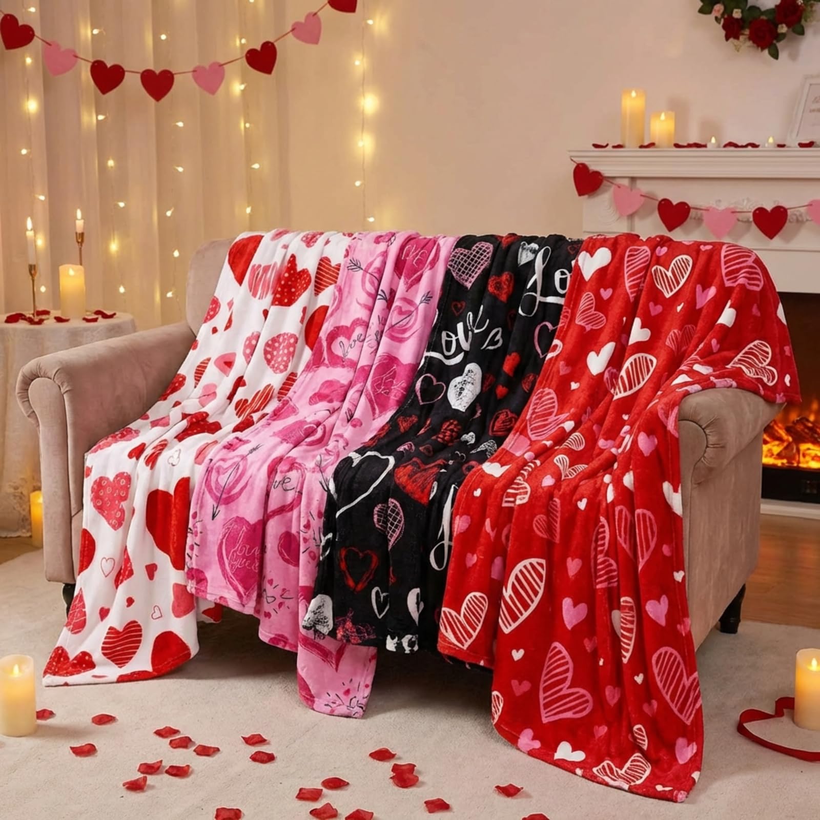 Photo 1 of Capoda 4 Pcs Valentine's Day Flannel Blankets Pack 40x50 Inch Heart Love Plush Throw Cozy Lightweight Flannel Blanket for Valentine's Day Couch Chair Sofa Bedroom Picnic Holiday Gifts Home Decor