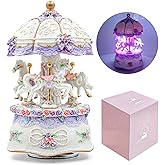 AttoShow Carousel Music Box,Luxury Color Change LED Light Music Box,Luminous Rotating 3-Horse Musical Box with Gift Box for Girls Birthday Valentine Gift (Castle in The Sky, Purple)