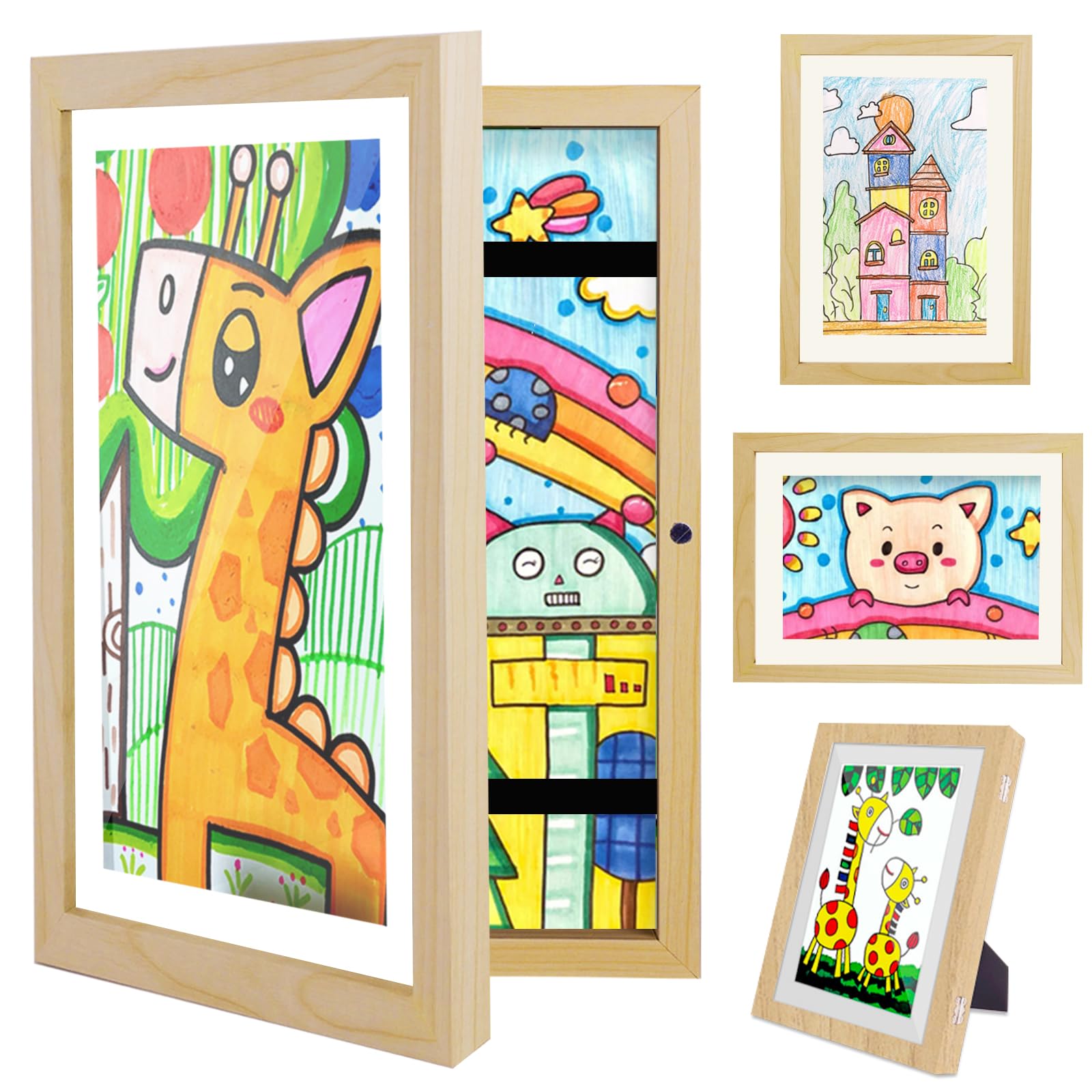 Hipsignal Kids Art Frames, 1 Pack A4 Photo Frame for 150 Pictures, Fillable Front Opening Kids Artwork Display Frame with Mount for Hang or Stand Display Children's Drawings, Art Projects (Wood)