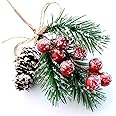 10 Pcs Artificial Pine Cone Picks,Evergreen Pine Sprigs and Red Holly Berries,Christmas Picks and Sprays,Christmas Tree Fille