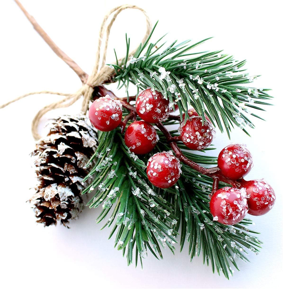 FUTERLY 10 Pcs Christmas Picks and Sprays,Artificial Holly Stem and Red Berry,Pine Cones and Pine Branches,Red Berries Christmas Decorations,Greenery Tree Picks for Birthday Wedding Decor