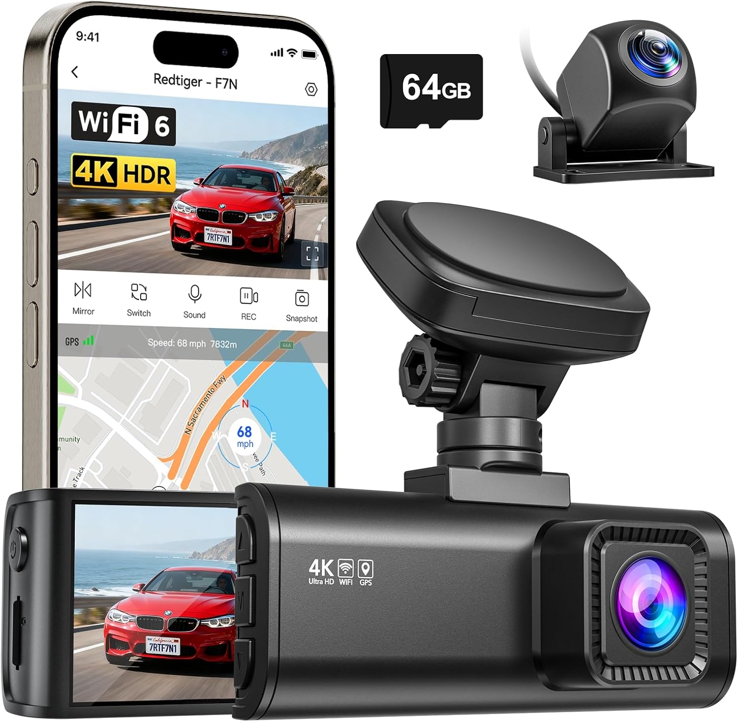 REDTIGER F7N Dash Cam 4K Front and Rear 1080P, 5.8GHz WiFi-20 MB/s Fast Transfer, 2160P/FHD Car Dash Camera with 64GB Card, 3.18" Screen, Smart App Control, Precise GPS, Night Vision, 24H Parking Mode