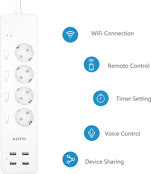 AOFO Enchufe Mltiple Inteligente WiFi Multi Socket con Protector contra Sobretensiones Control Remoto 4 AC Clavijas Independientes 4 USB Regleta Enchufes Compatible con Alexa Google Home IFTTT