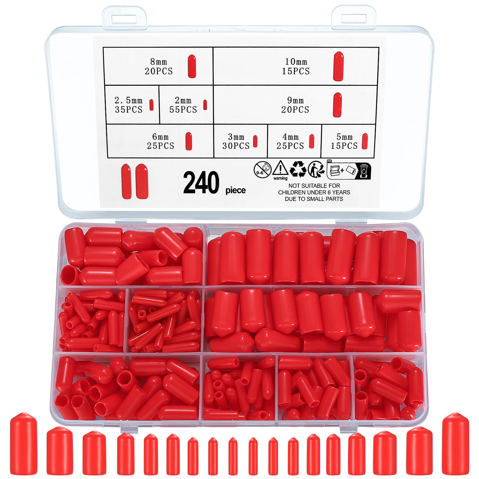 240 Pcs Rubber End Caps, PVC Rubber Screw Thread Protectors, PVC Plastic Bolt Covers Bolt Caps End Caps, Round Tube Bolt Cap Covers Assortment Kit, 9 Sizes/Red — image 1