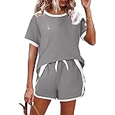 AKEWEI Shorts Sets Women 2 Piece Outfits Casual Short Sleeve Crewneck Tops and Drawstring Shorts Color Block Sets