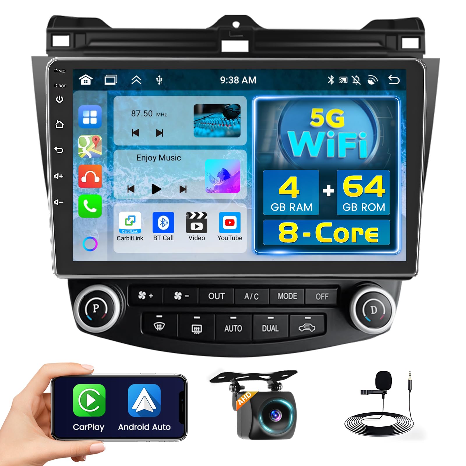 Photo 1 of 8 Core 4+64GB for Honda Accord 7th 2003-2007 Android 15 Car Stereo Wireless Carplay Android Auto, 10.1'' Touchscreen Car Radio with GPS, WiFi, 32EQ DSP, 59 UI, Bluetooth, FM RDS, Backup Camera