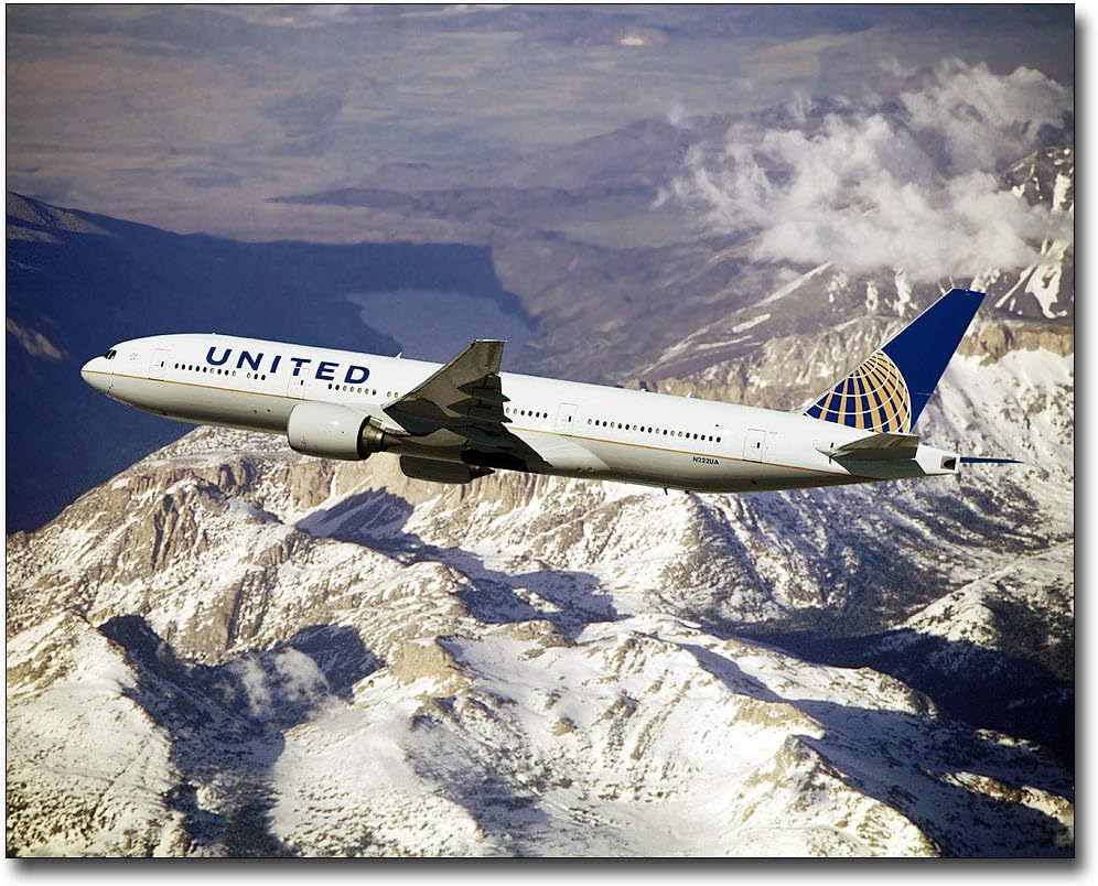 United Airlines Boeing 777200 Over Mountains 20x24 Silver