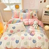 MorroMorn Twin Bedding Sets, Pink Rainbow Duvet Cover Set, Fluffy Comforter Covers Blanket Ultra Soft Kawaii Cute for Girls Kids Toddler Teen Women Twin/Twin XL Size