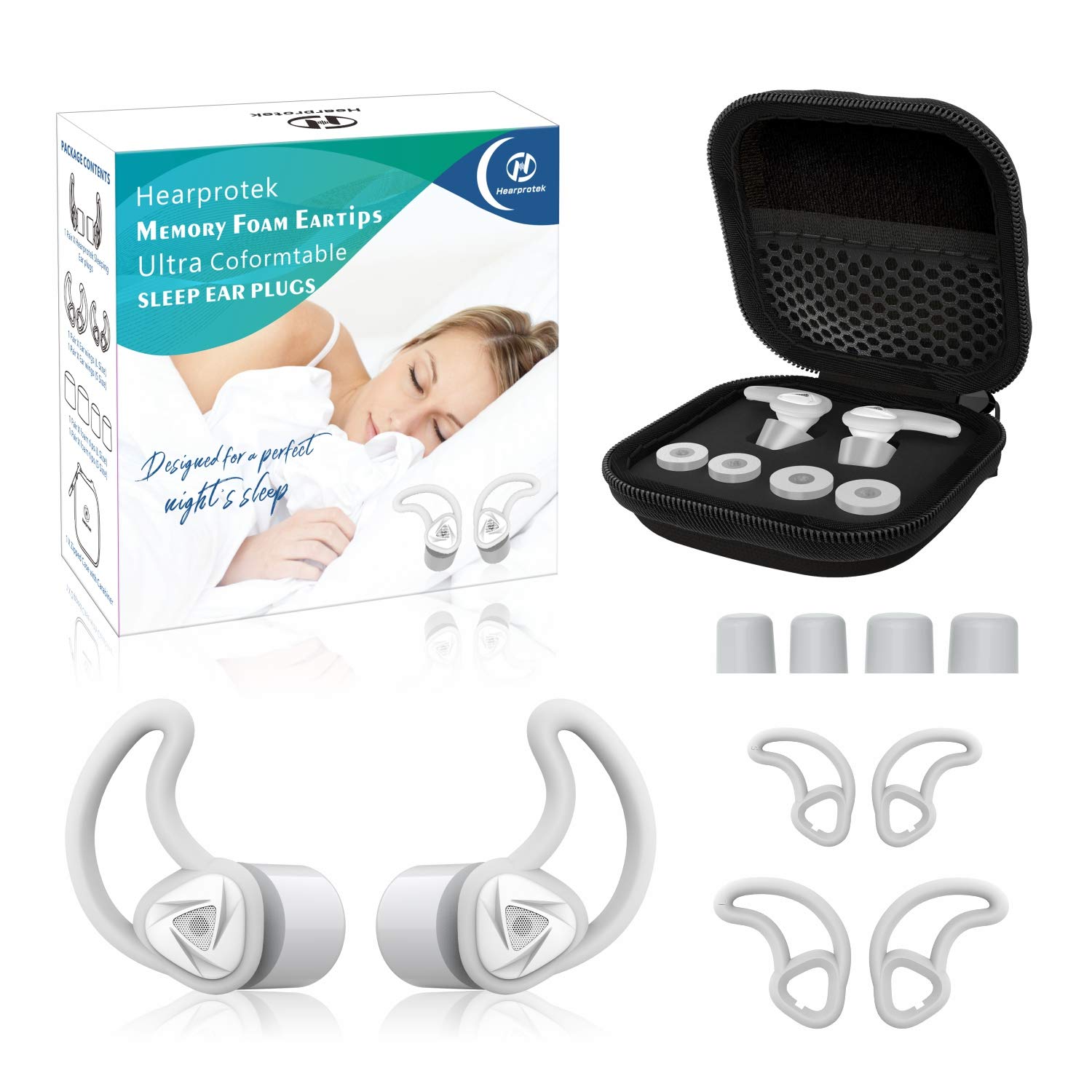 Ear Plugs for Sleeping, 33db Hearprotek Noise Reduction Sound Blocking Soft Sleep earplugs with Foam eartips for Side Sleepers, snoring, Work and Noise Reduction(White)