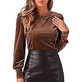 Allegra K Velvet Tops for Women Crew Neck Puff Long Sleeve Casual Pullover Fall Winter Blouses Top