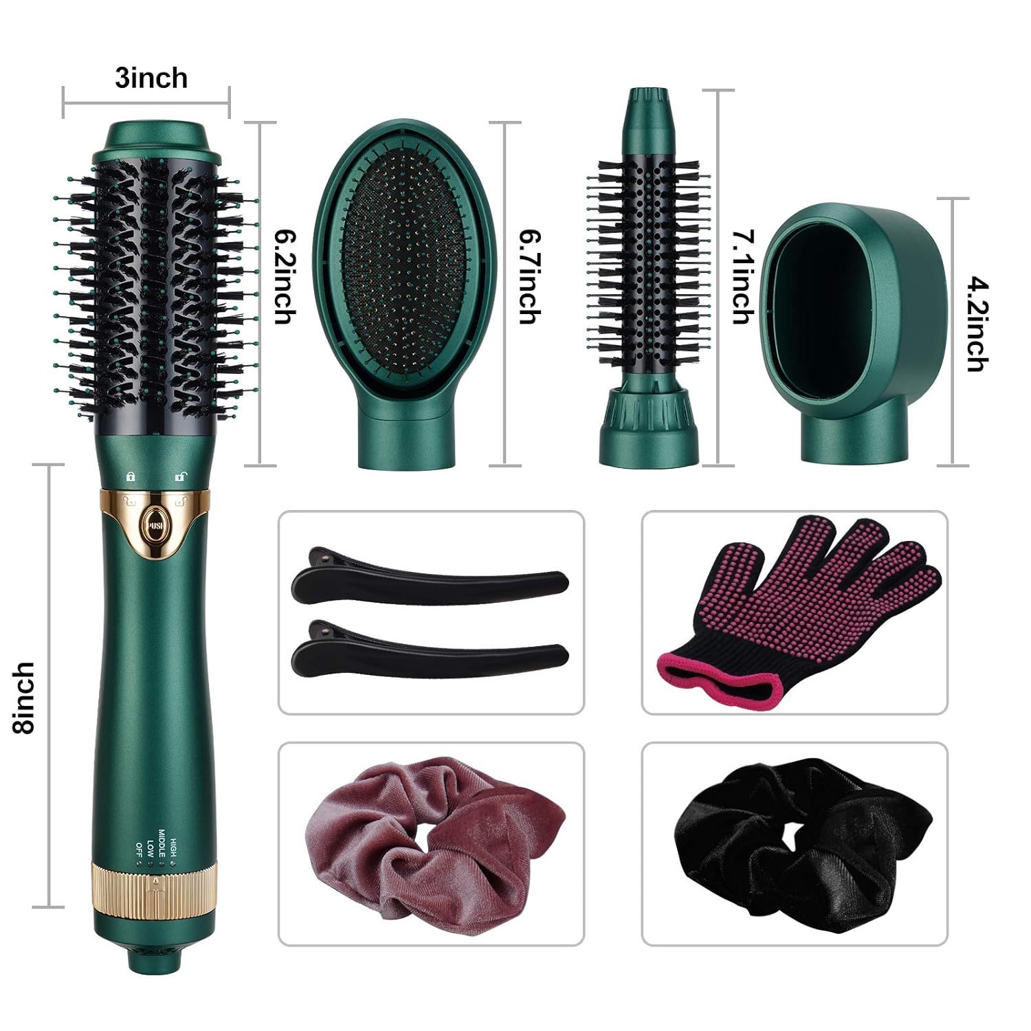 Hair Dryer Brush, Interchangeable Brush Head Hot Air Brushe Set, 4 in 1 Hair Dryer and Volumize with Negative Ion Reduce Frizz and Statics for Curling, Drying and Straightening (Green): Health & Personal Care