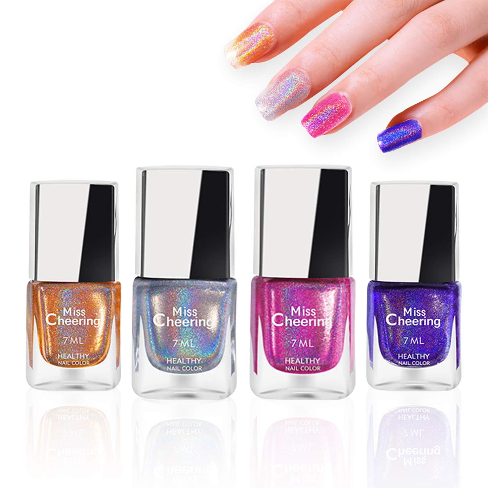 Gireatick 4 Bottles Holographic Nail Polish, Diamond Laser Glitter Long Lasting Nail Polish 7ML Each Bottle (A)