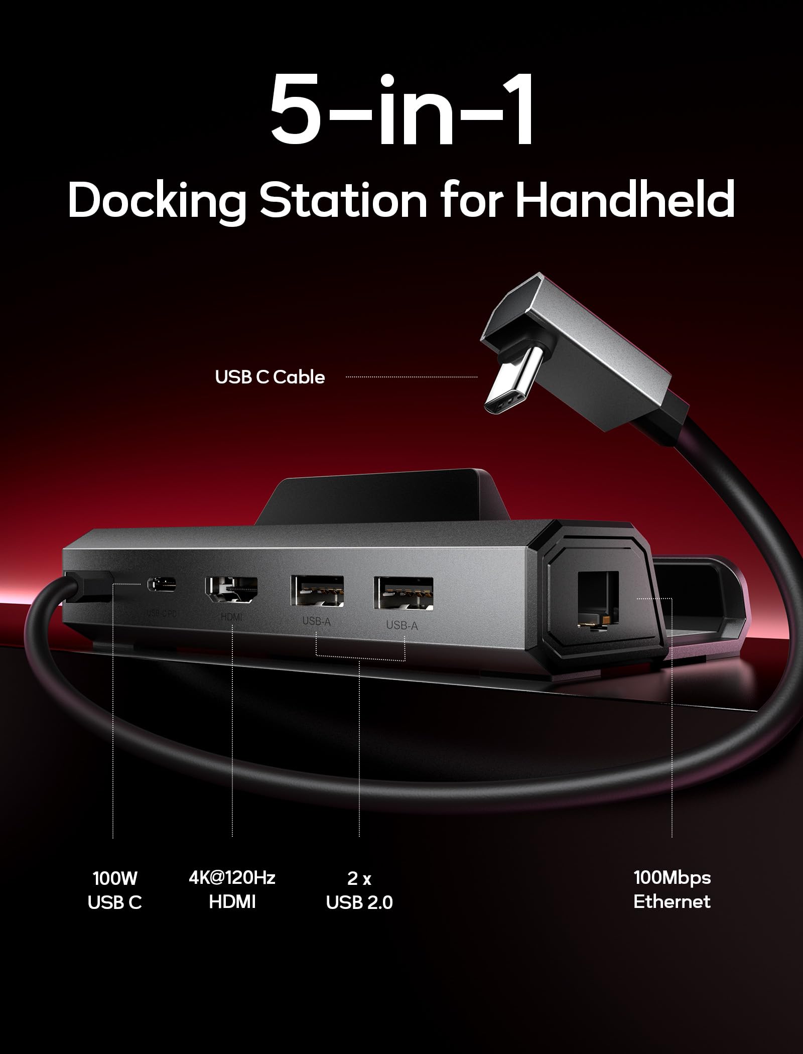 JSAUX Upgraded Docking Station 4K@120Hz for Steam Deck OLED/ROG Ally X/Legion Go/MSI Claw, 5-in-1 Steam Deck Dock with HDMI 2.1, 100Mbps Ethernet, USB 2.0 and 100W Charge for Steam Deck LCD-HB0602