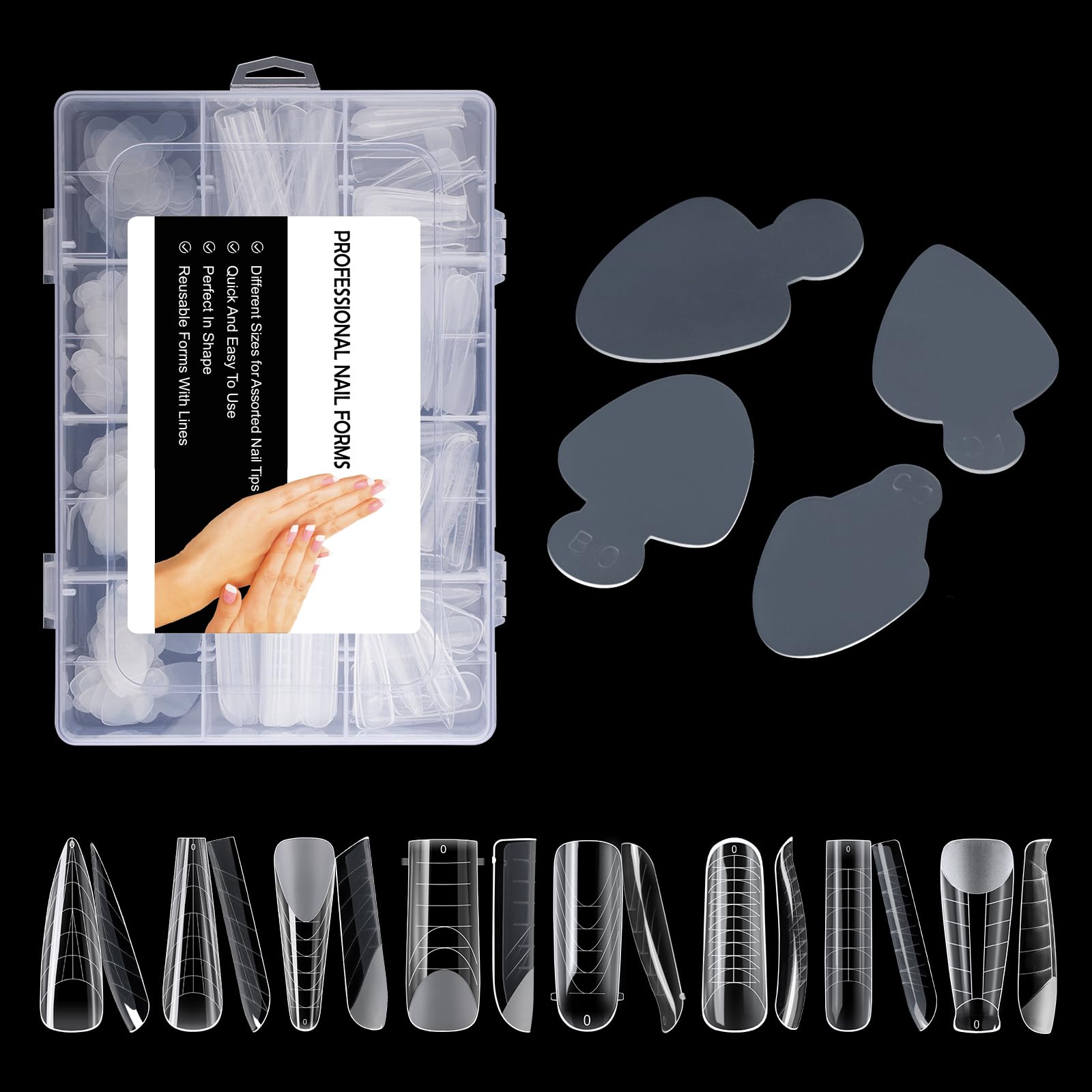 BNG 192 PCS Dual Nail Forms + 96 PCS French Nail Stickers For Nail Extension, Transparent Acrylic Gel Dual Forms Tips with Full Coverage 12 Sizes, DIY Nail Art Salon Tool