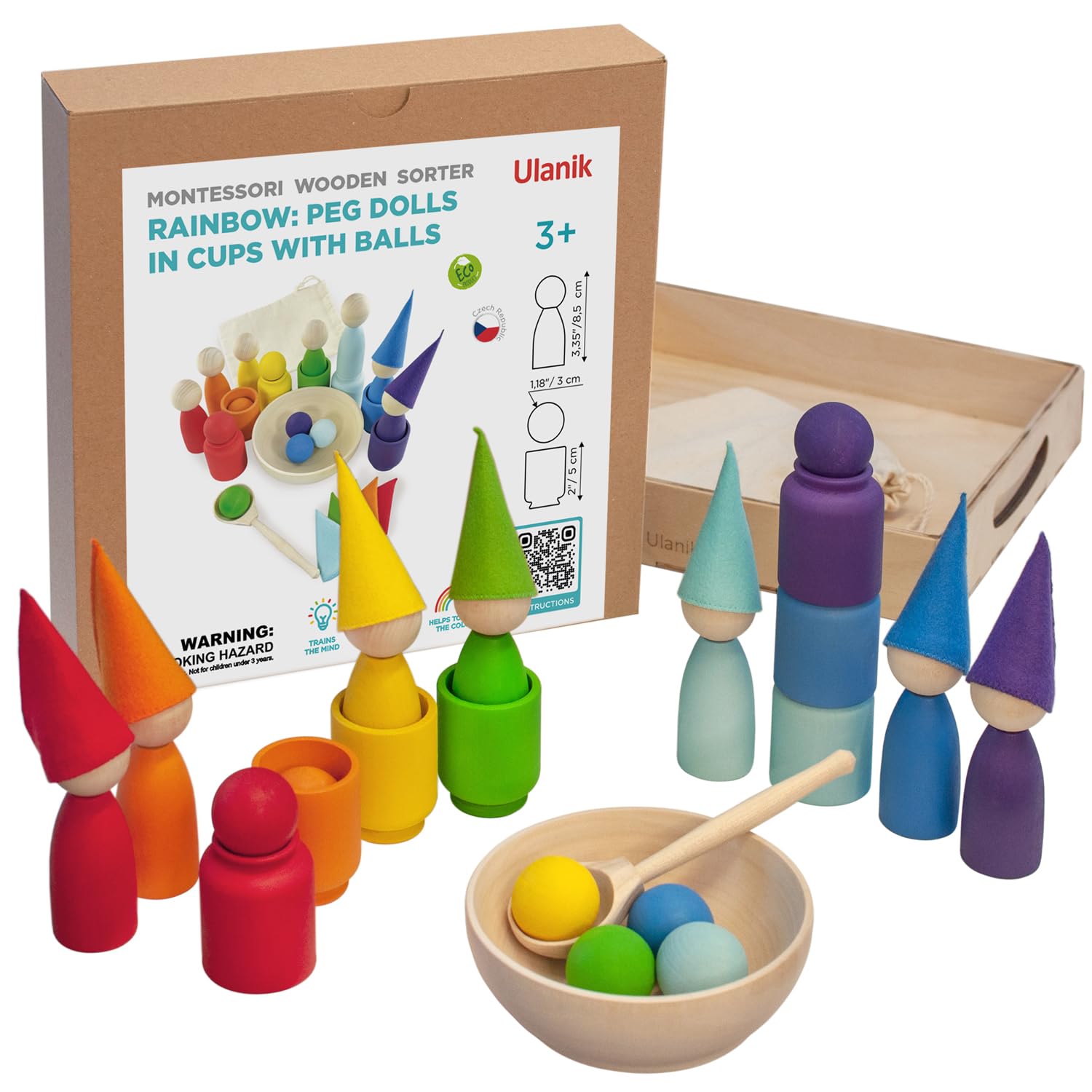 Ulanik Rainbow Peg Dolls and Balls in Cups Toddlers Montessori Toys for 3+ Year Olds Baby Preschool Matching Wooden Games for Learning Colour Sorting and Counting (2 Edition)