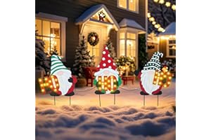 WONDER GARDEN 3 PCS Christmas Yard Signs Christmas Decorations Outdoor, Metal Xmas Yard Stakes Gnomes Lawn Decor, Xmas Garden Stakes with Led Lights for Patio Pathway Outside Decorations