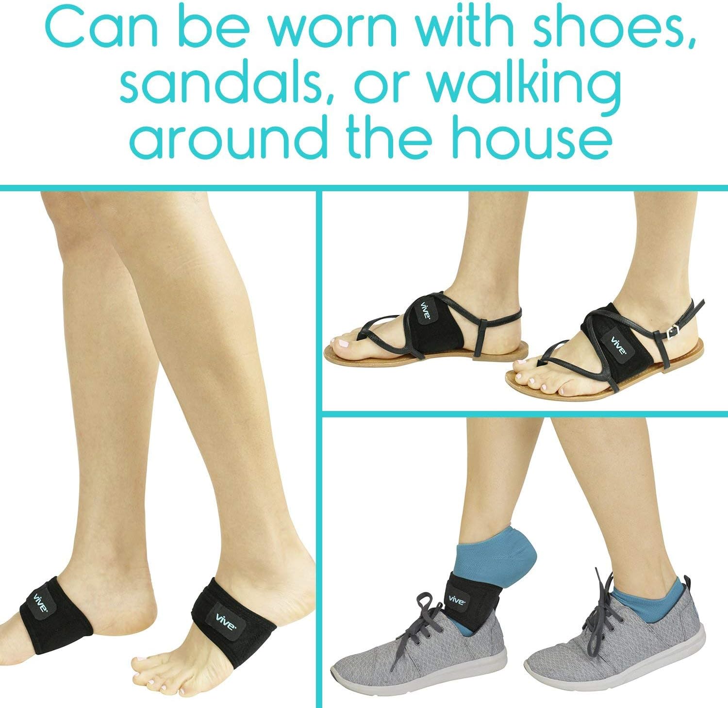 Vive Arch Support Brace (Pair) - Plantar Fasciitis Gel Strap for Men, Woman - Orthotic Compression Support Wrap Aids Foot Pain, High Arches, Flat Feet, Heel Fatigue - Insert for Under Socks (Black): Health & Personal Care