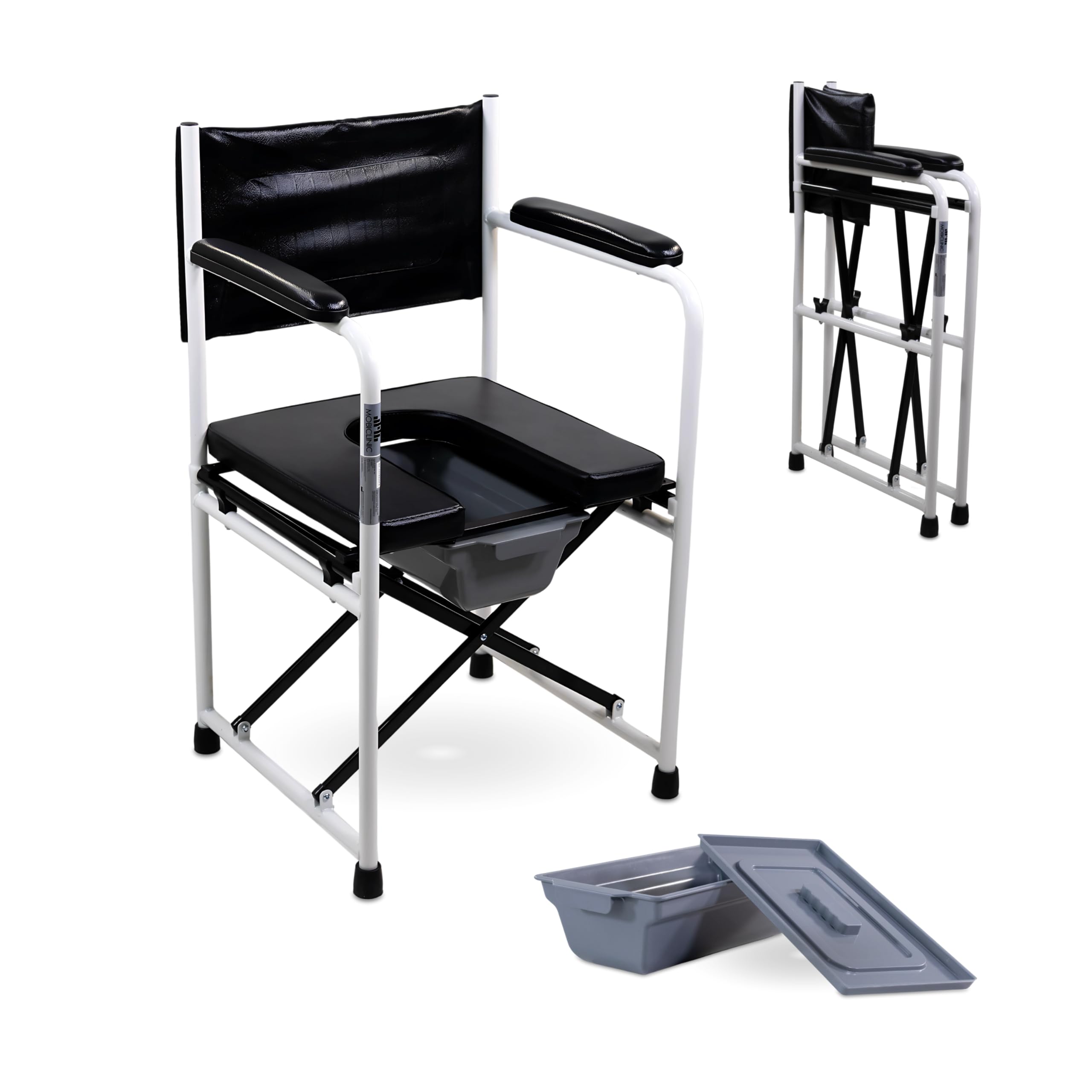 Mobiclinic®, Toilet Chair, Foldable, Ebro, with Armrests, Padded Seat, Removable Bucket and Lid, Non-Slip End Caps, Max. 100 kg, Chromed Steel