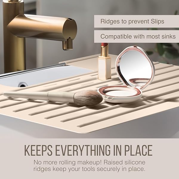 MAPLEFIELD BATHROOM SINK COVER FOR COUNTER SPACE, HEAT RESISTANT SILICONE SINK MAT FOR YOUR BEAUTY ROUTINE, SMALL BATHROOM SPACE SAVER SINK COVER FOR MAKEUP (BEIGE LARGE, 22 X 2 X 2 INCHES)