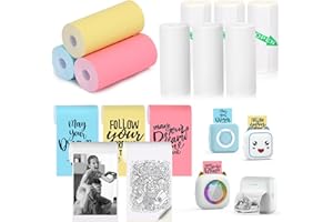 HUIJUTCHEN 9 Rolls Mini Printer Paper 57mm*25mm Thermal Sticker Paper for Mini Pocket Receipt Bluetooth Printer for Photo,DIY,Note,Memo (3 White paper + 3 Colorful paper + 3 White Stickers)