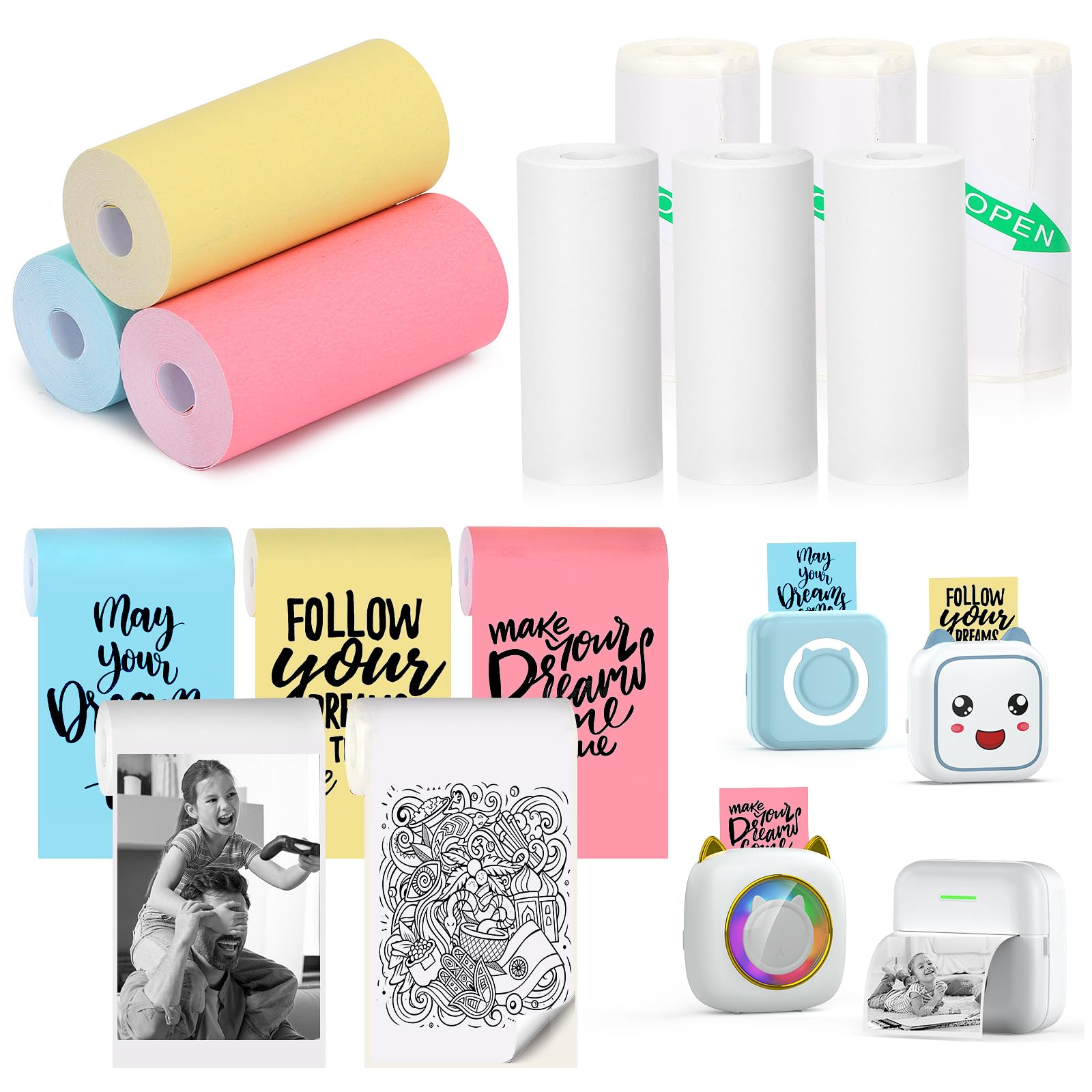 HUIJUTCHEN 9 Rolls Mini Thermal Printer Paper, 57x25mm Sticker Paper for M02/T02 Pocket Printer, Compatible with Mini Photo Printers, Includes White & Color Paper Rolls for Labels Photos Scrapbook