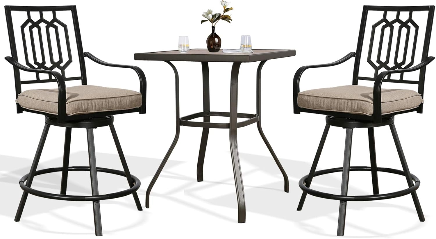 Ulax Furniture Outdoor Bar Height Bistro Set 3-Piece Patio Furniture Set, Two Swivel Bar Stools and Bar Table with Imitation of Wooden Surface