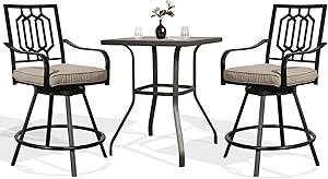 Ulax Furniture Outdoor Bar Height Bistro Set 3-Piece Patio Furniture Set, Two Swivel Bar Stools and Bar Table with Imitation of Wooden Surface