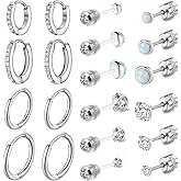 PierceNest 10 Pairs Stud Earrings for Women, Surgical Steel Earrings Set Lightweight and Trendy 316L CZ Cartilage Earlobes Hypoallergenic(Sliver), Small