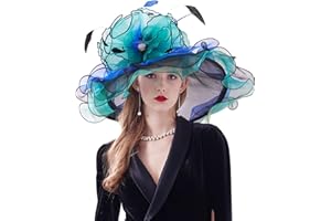 Z&X Women Organza Church Derby Hat Wide Brim Sun Hats for Wedding Tea Party Fascinator Hat, Dual-use