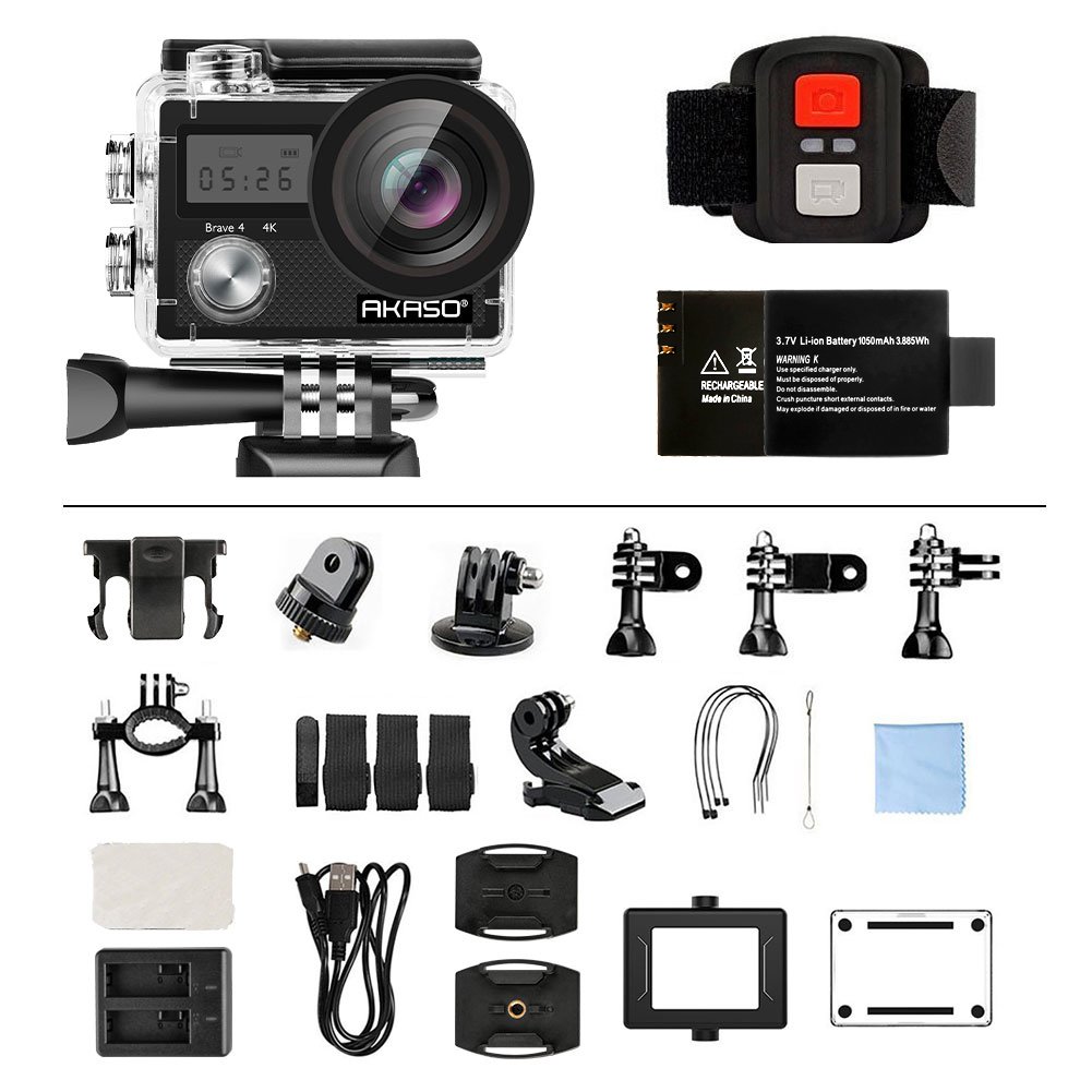 AKASO Brave 4 4K 20MP WIFI Action Cam Sony Sensor Ultra HD mit Bildstabilisierung 30m Unterwasserkamera Remote Action Kamera mit 2 Akkus und Helm Zubehör Kit