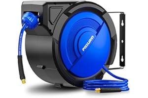 POXURIO 80FT+6.5FT Retractable Air Hose Reel, 3/8" Hybrid Air Hose, Air Compressor Hose Reel with Max 300 PSI Patented Design, Retractable Auto-Rewind Enclosed Heavy Duty 180° Swivel Mount