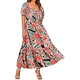 CARCOS Plus Size Dresses for Curvy Women Off Shoulder Square Neck Puff Sleeve Smocked Maxi Summer Dresses with Pocket XL-5XL