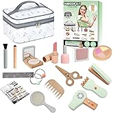 WELIN Wooden Makeup Toy Set, 2-in-1 Pretend Makeup Kit for Girls, Pretend Play for Toddlers 3-5, 16Pcs Kids Wood Beauty Hair