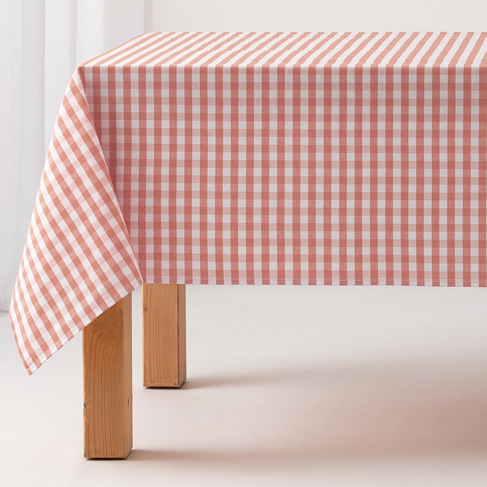 GAMUSI Stain Resistant Rectangular Fabric Tablecloth Vichy Chequered Waterproof Cotton, 140 x 300 cm Salmon Colour