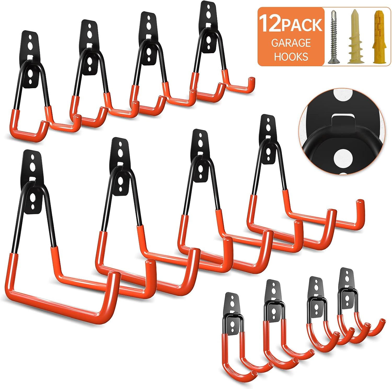 Garage Hooks Heavy Duty; 12 Pack Wall Mount Garage Hooks; Steel Garage Storage Hooks; Heavy Duty Garage Hangers for Bikes Ladders Tools; Garage Wall Hooks Utility Double Hooks for Garage Organization - - 