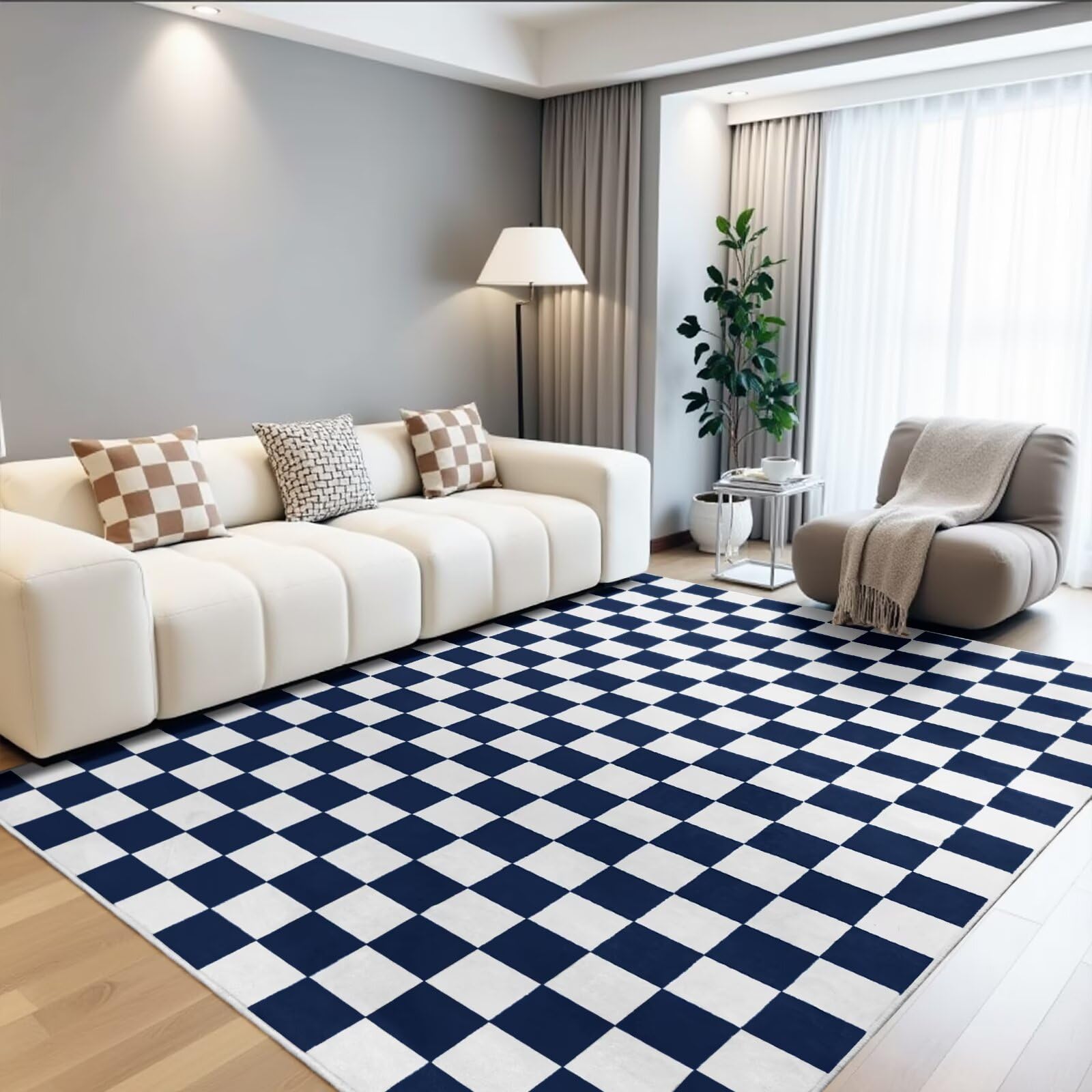 Photo 1 of Terrug Navy and White Checkered Rug for Living Room,5x7 Area Rugs Washable with Non Slip for Bedroom,Soft Low Pile Stain Resistance Retro Carpet for Dorm Kids Room