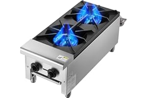 VEVOR Commercial Gas Stove with 2 Burners, Propane and Natural Gas Countertop Cooking Stove Range, Stainless Steel Gas Hot Plate, Commercial Cooking Equipment for Restaurant, 56,000 BTU