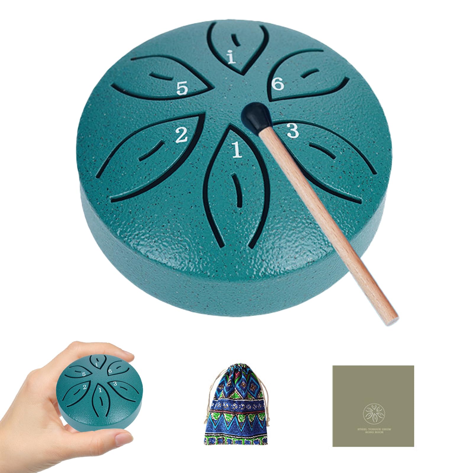 TINGSING Rain Drum for Outside Garden, 3 Inches 6 Notes Steel Tongue Drum Rain Chime Handpan with Cloth Bag, Mallets, Music Book, Musical Instrument for Adult Gift, Dark Green