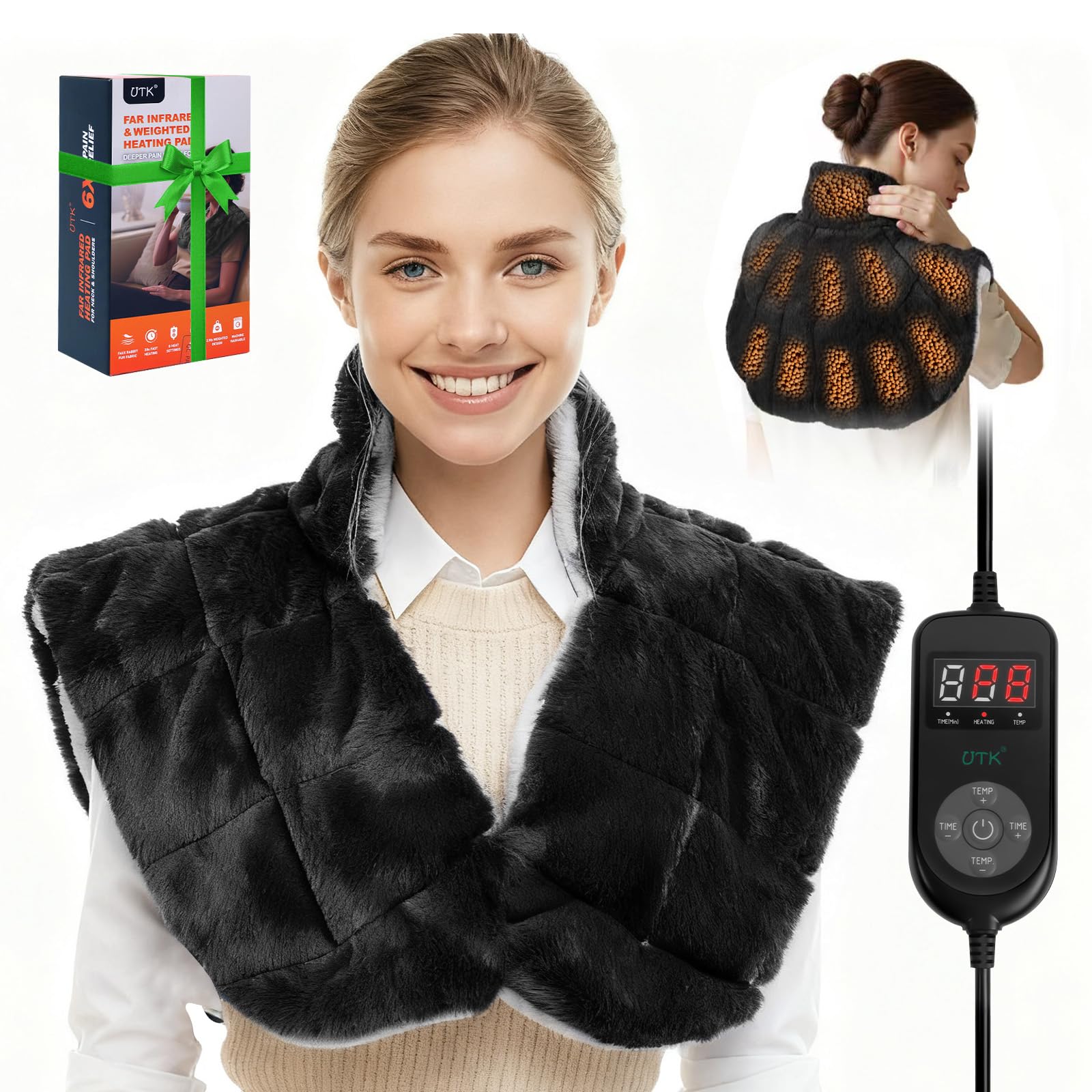 Photo 1 of Weighted Heating Pad for Neck and Shoulders and Back,30s Fast Heating for Pain Relief, Ergonomic Heated Wrap, 160? Max Temp 8 Heat & 16 Auto-Off Timers,Memory Function,Birthday Gifts for Women,Black