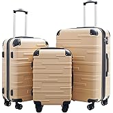 Coolife Hardside Luggage 3 Piece Set with TSA Lock, Spinner Wheels, Telescopic Handle, Lightweight Travel Suitcases (Champagne, 3 piece set)
