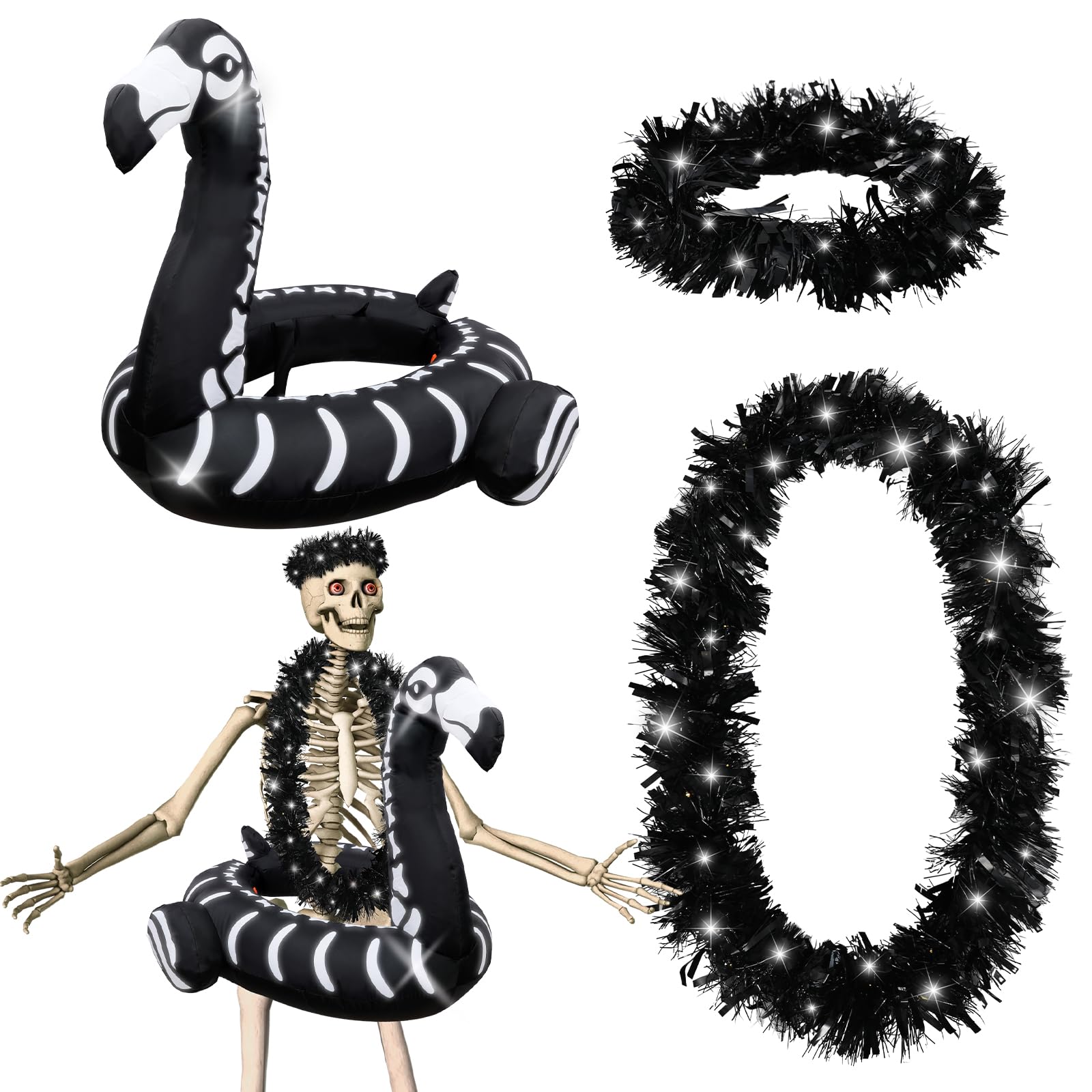Photo 1 of Knitgrip 4 Pcs Halloween 12 ft Skeleton Costumes Set Includes Inflatable Flamingo Swimming Ring with Light Chest Ring Headpiece for Party Garden Lawn Decor