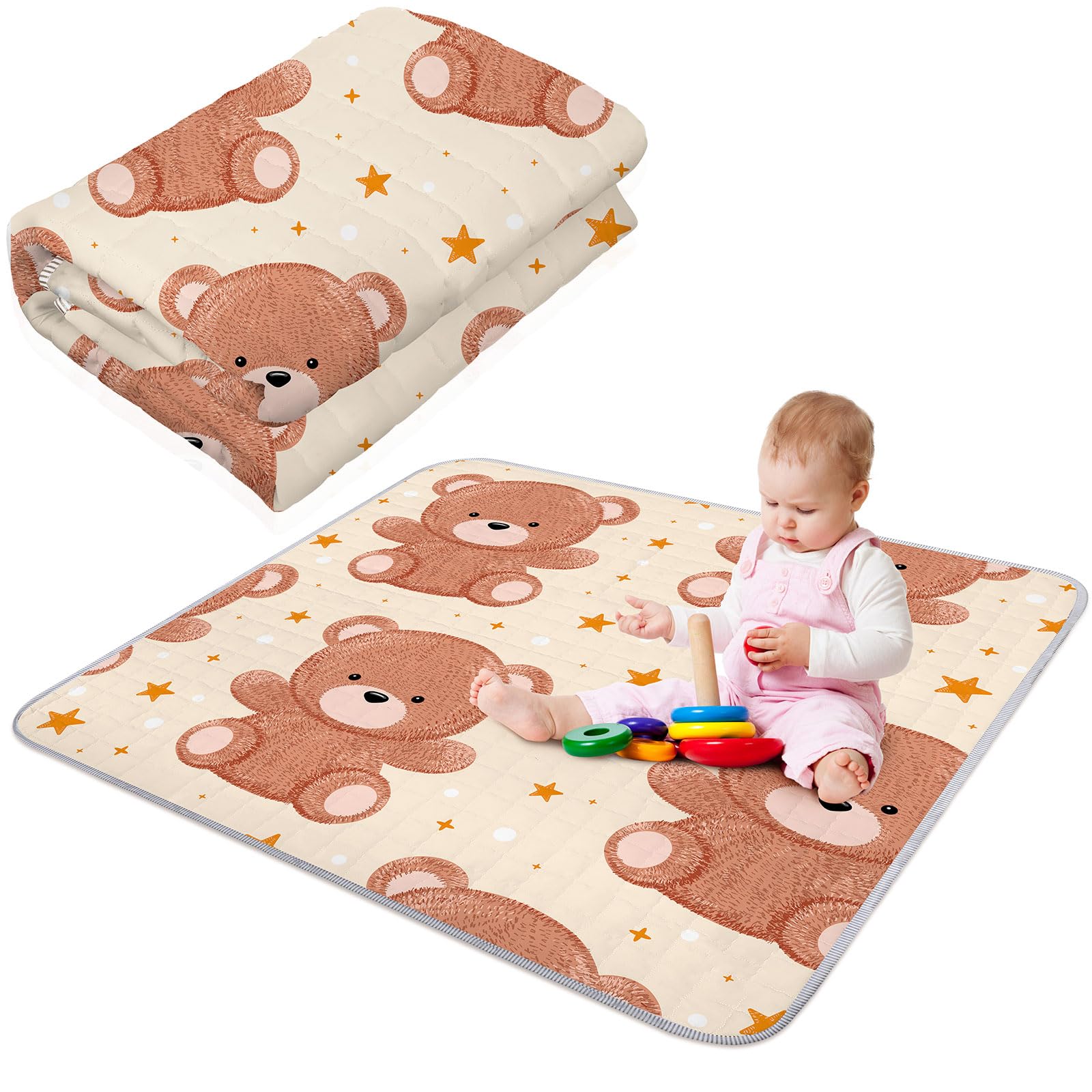 Photo 1 of Funtery 43 x 43 Inch Boho Baby Play Mat Portable Crawling Washable Foldable Tummy Time Non Slip Baby Floor Large Playpen Mat for Infants Toddlers Floor Playpen Activity(Bear)