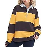 Soamat Womens Striped Color Block Polo Sweatshirt Rugby Shirt Oversized Long Sleeve Lapel Corllared Pullover Blouses