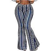 WDIRARA Women's Plus Size Striped Flare Pants Elastic Waist Bell Bottom Pants