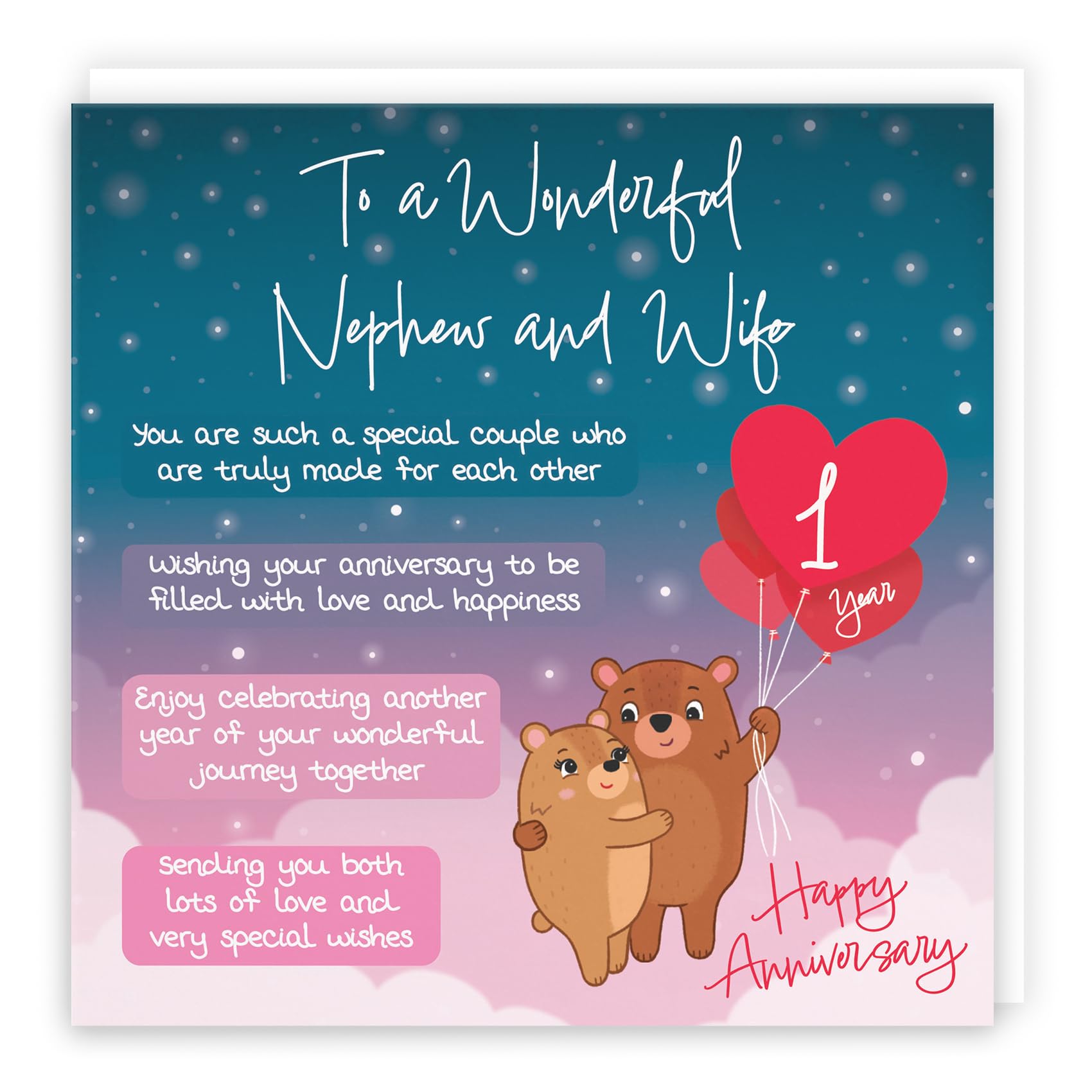 Hunts England - Nephew And Wife 1st Anniversary Card - Starry Night - Cute Bears - Verse 1st Anniversary Card For Nephew And Wife - Cute Poem Anniversary Card